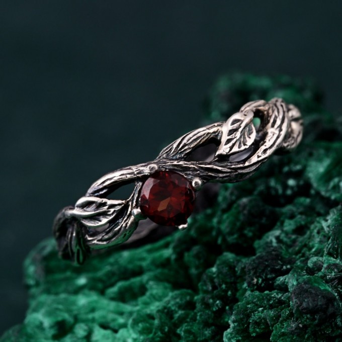 Leafy Branch with Garnet Ring – Nature-Inspired Silver Twig Jewelry
