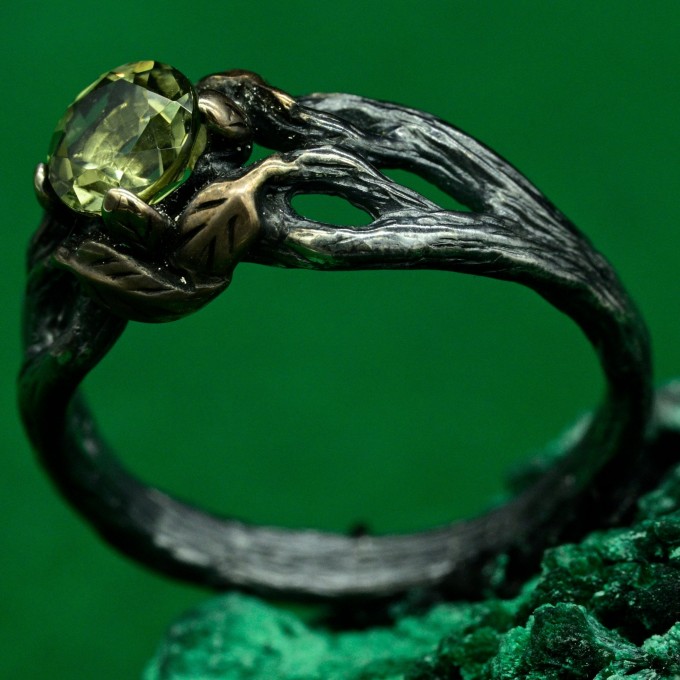 Mystical Forest Ring with Peridot - Leafy Engagement Ring with Branch and Blossom