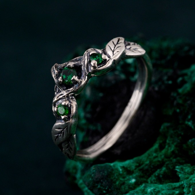 Emerald Engagement Band – Wooden Wedding Branch, Forest Wedding Ring, Branch of Love, Wooden Harmony Wedding Band
