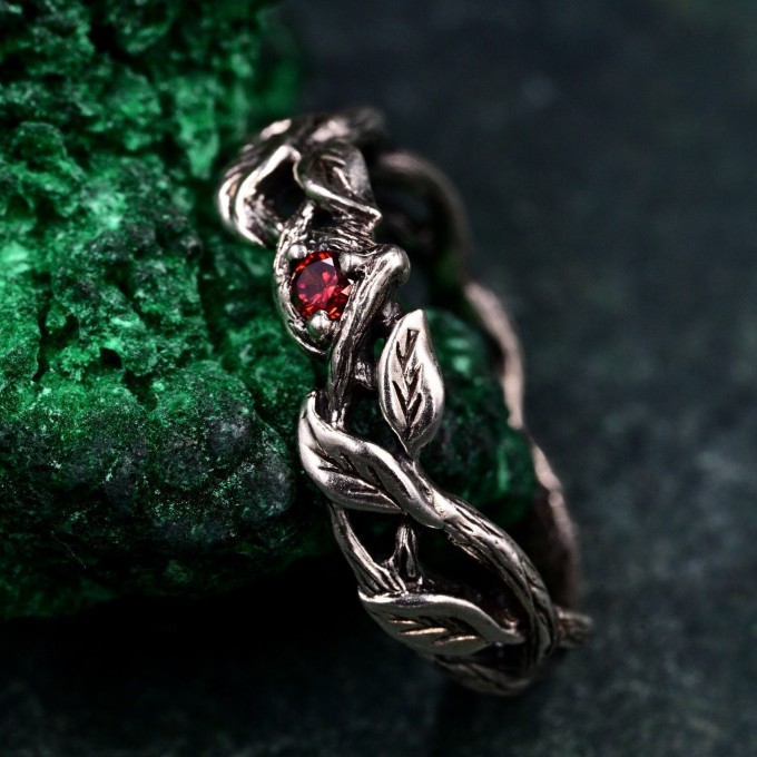 Garnet Twig Silver Ring with Dainty Branch and Petite Leaf Design