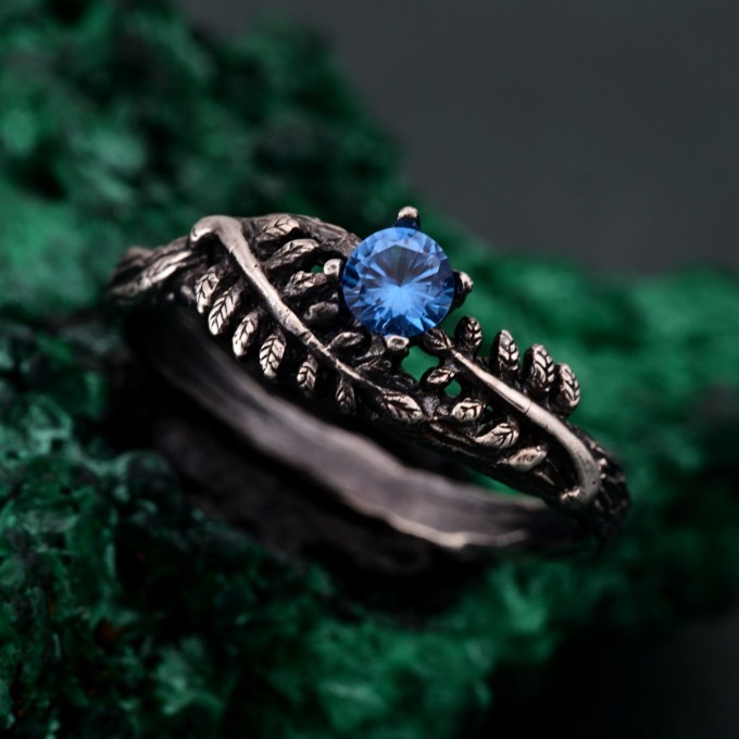 Topaz Fern Branchlet Ring – Whispering Fern Ring, Twig and Fern Ring, Woodland Fern Band, Graceful Frond Ring