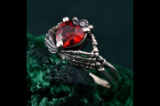 Vintage Skeleton Hand Engagement Ring, Gothic Red Heart Crystal, Silver Forest Witch Jewelry, Elvish Fantasy Wedding Gift for Her