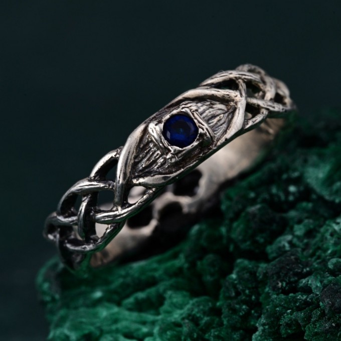 Celtic Pattern Sapphire Wedding Band - Wide Vintage Style Tree Bark Design for Couples