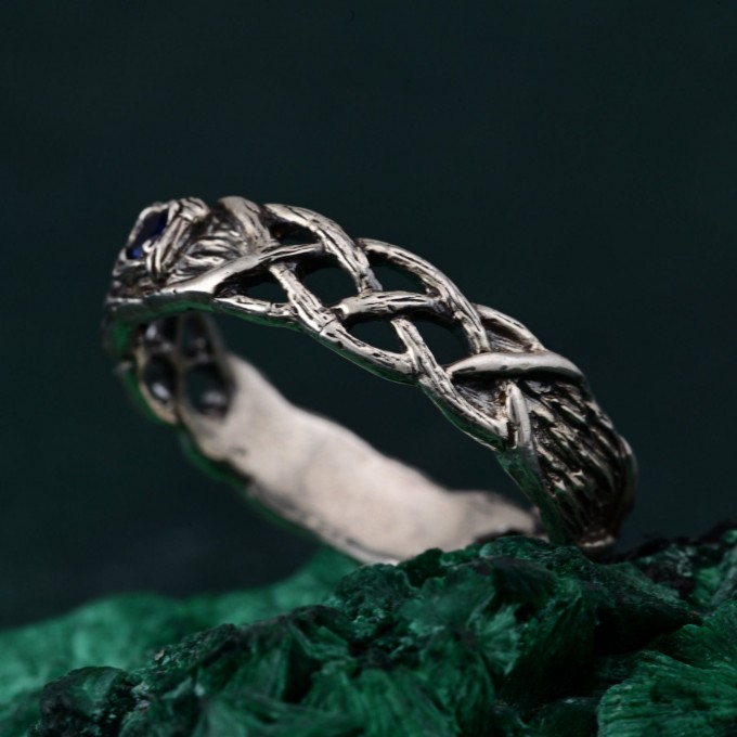 Celtic Pattern Sapphire Wedding Band - Wide Vintage Style Tree Bark Design for Couples