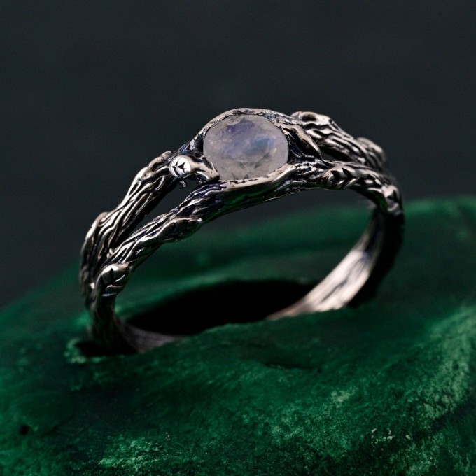 Gothic Silver Ring with Moonstone and Nature Motif