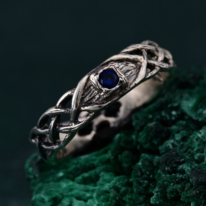 Wide Celtic Wedding Ring – Tree Bark Pattern with Sapphire, Vintage Style Sapphire Ring, Men's and Women's Wedding Band