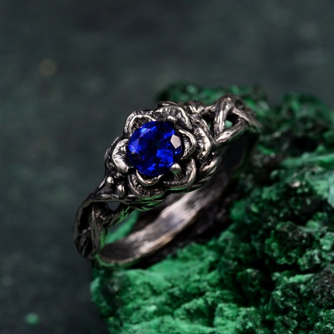 Petals of Dusk: Gothic Sapphire Ring