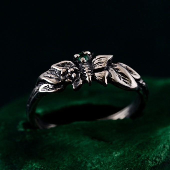 Nature-Inspired Unique Sterling Silver Engagement Ring with Emerald - Sparkle and Mystique, Elegant Butterfly Branch Engagement Ring