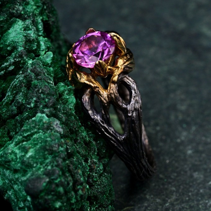 Gold Plated Silver Alexandrite Ring - Unique Handcrafted Bridal Elegance