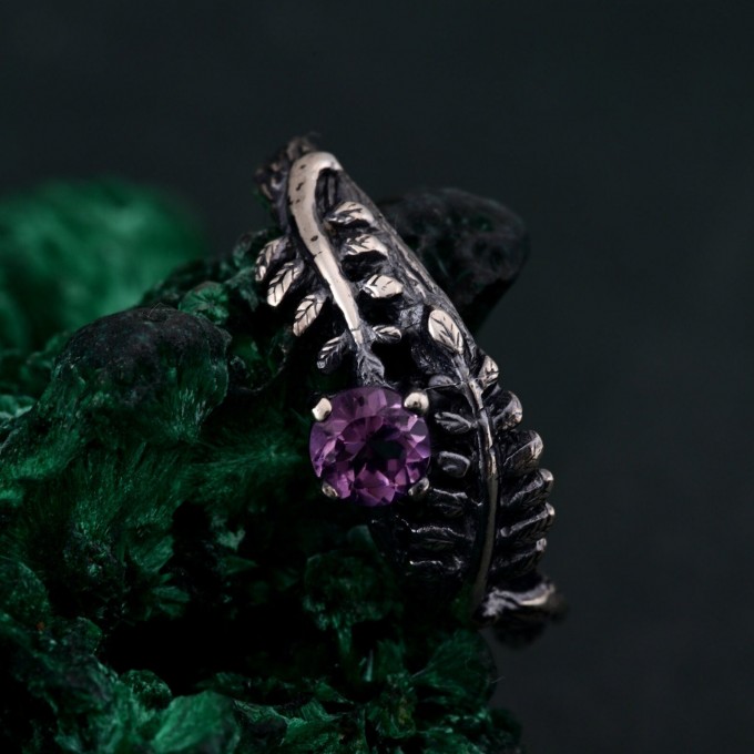 Amethyst Fern Branchlet Ring - Graceful Twig and Fern Woodland Band