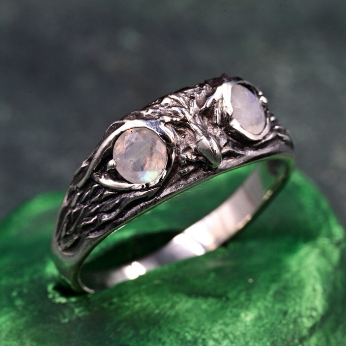 Gothic Silver Ring with Twin Moonstones and Nature Motif