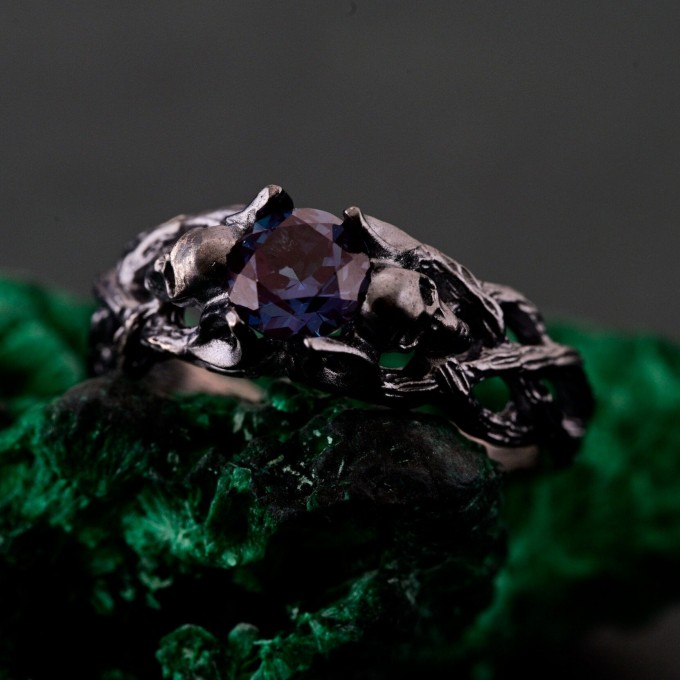 Silver Skull Engagement Ring: Gothic Twig Band Design
