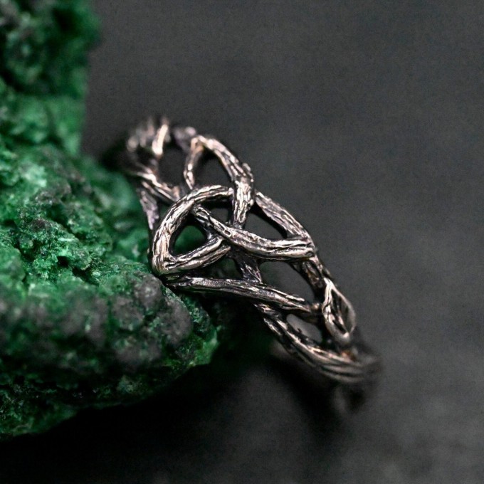 Enchanted Forest Silver Ring - Handcrafted Unique Design with Leaf and Triskele Accents