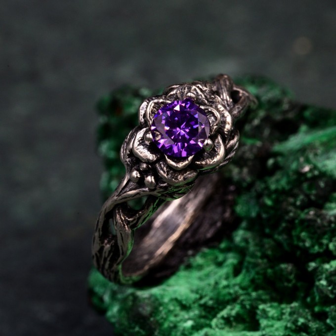Amethyst Dewdrop Ring - Silver Leaves Embrace with Botanical Romance Design
