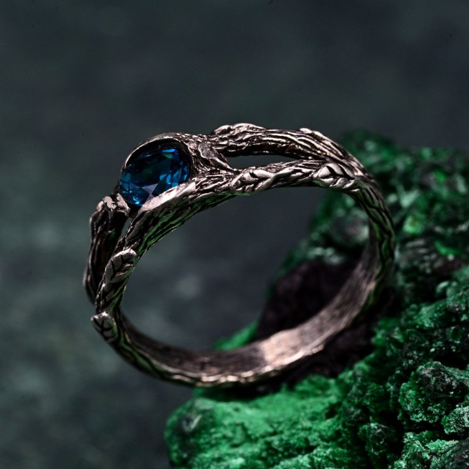 Enchanting Unique London Blue Topaz Celtic Ring - Double Branch Design
