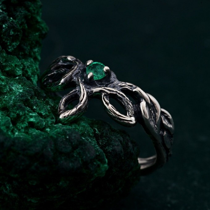 Delicate Leaf Braid with Wood Bark Branch Weave – One-of-a-Kind Silver Fairy Engagement Ring
