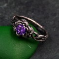 Amethyst Dewdrop Ring - Silver Leaves Embrace with Botanical Romance Design