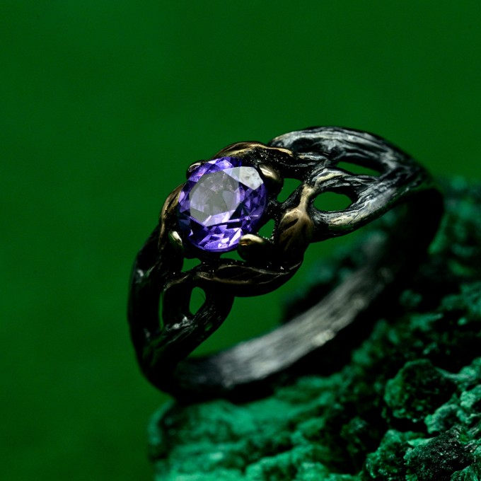 Mystical Forest Ring with Amethyst and Leafy Blossom Design