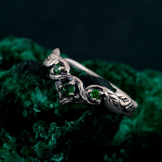 Emerald Engagement Band – Wooden Wedding Branch, Forest Wedding Ring, Branch of Love, Wooden Harmony Wedding Band