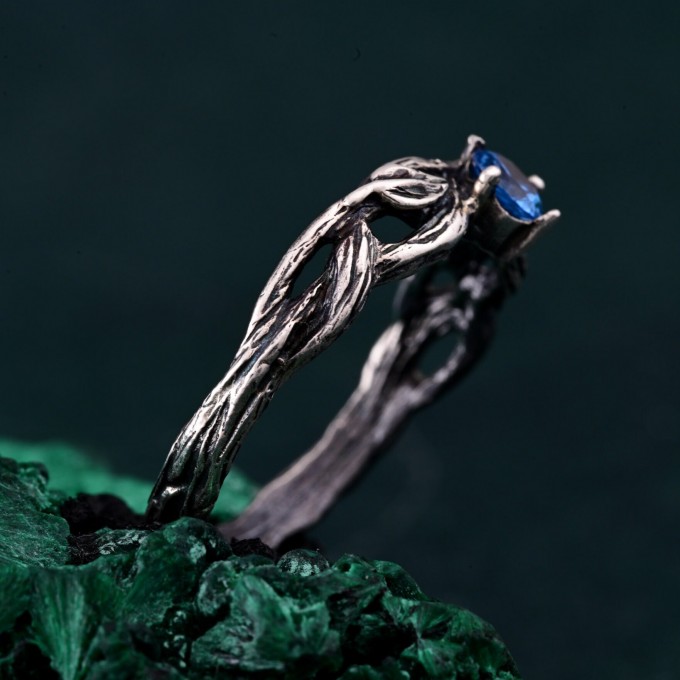 Leaves of Serenity: Gothic Blue Gemstone Ring