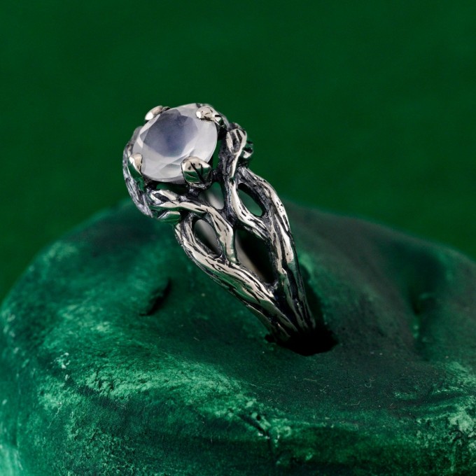 Gothic Silver Ring with Moonstone and Organic Design