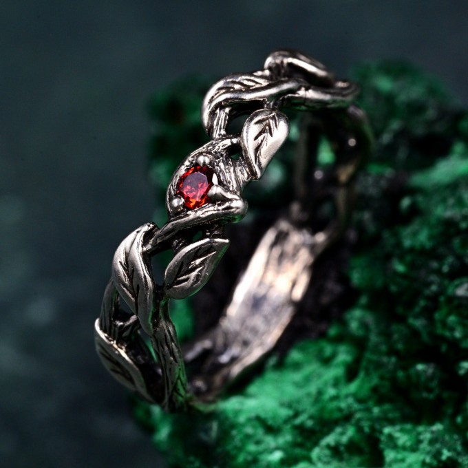 Men's Garnet Wedding Band & Nature-Inspired Silver Vine Leaf Promise Ring