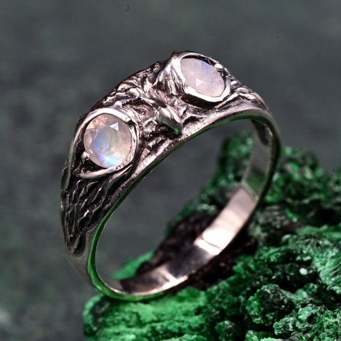 Gothic Silver Ring with Twin Moonstones and Nature Motif