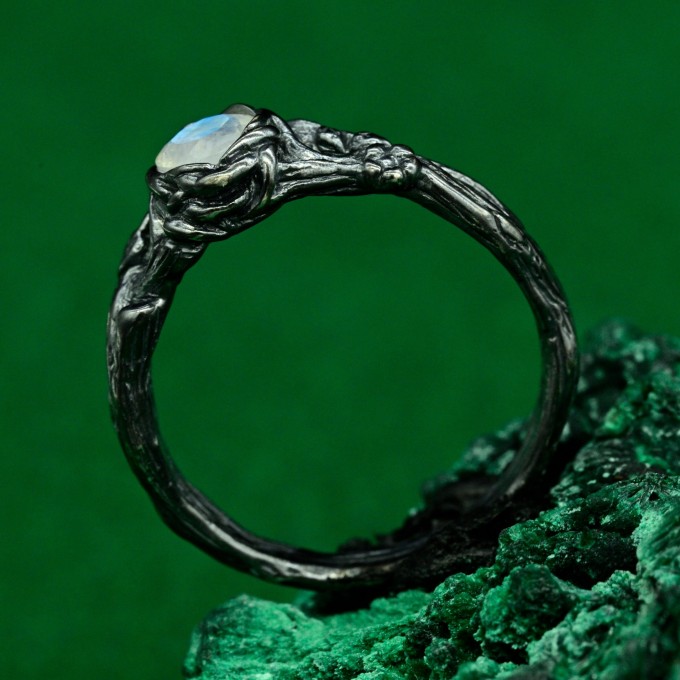 Moonstone Forest Branch Ring - Man’s Silver Vine Wedding Band with Unique Woodsy Texture