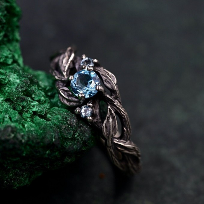 Whispering Leaves: Gothic Blue Topaz Ring