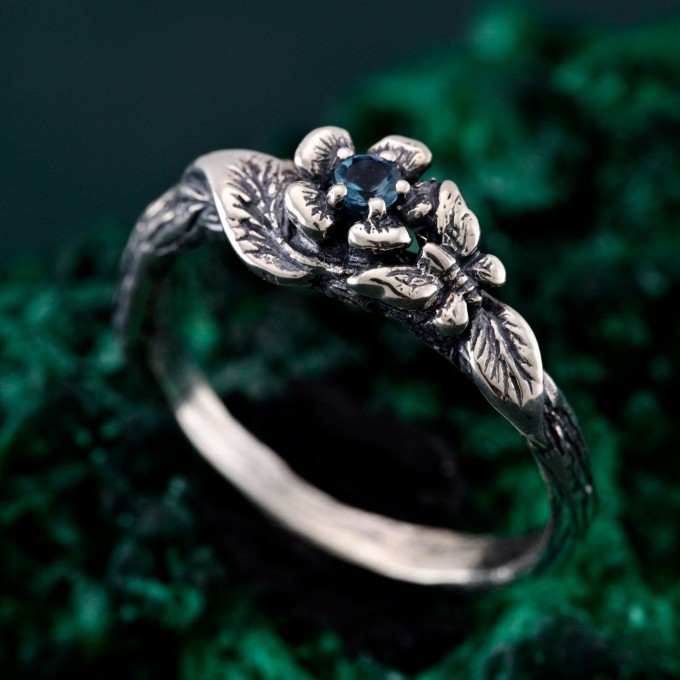 Floral Sterling Silver Ring with Blue Topaz