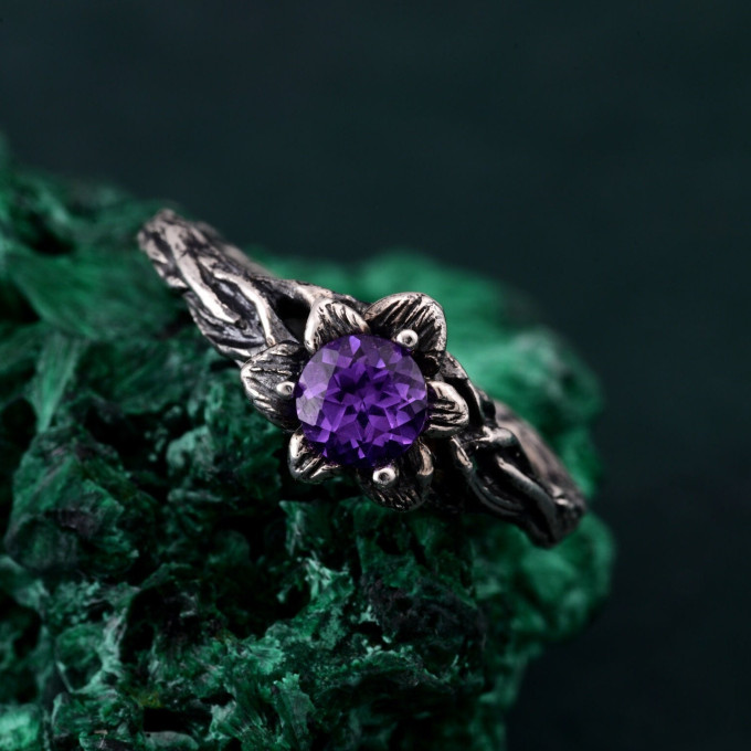 Garnet Blossom Twig Ring with Whimsical Vine Design