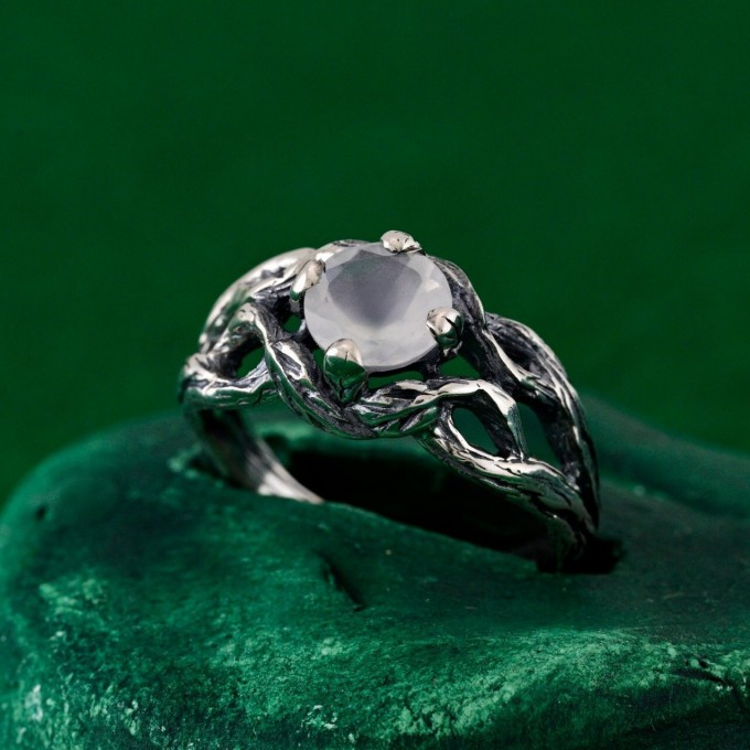 Gothic Silver Ring with Moonstone and Organic Design