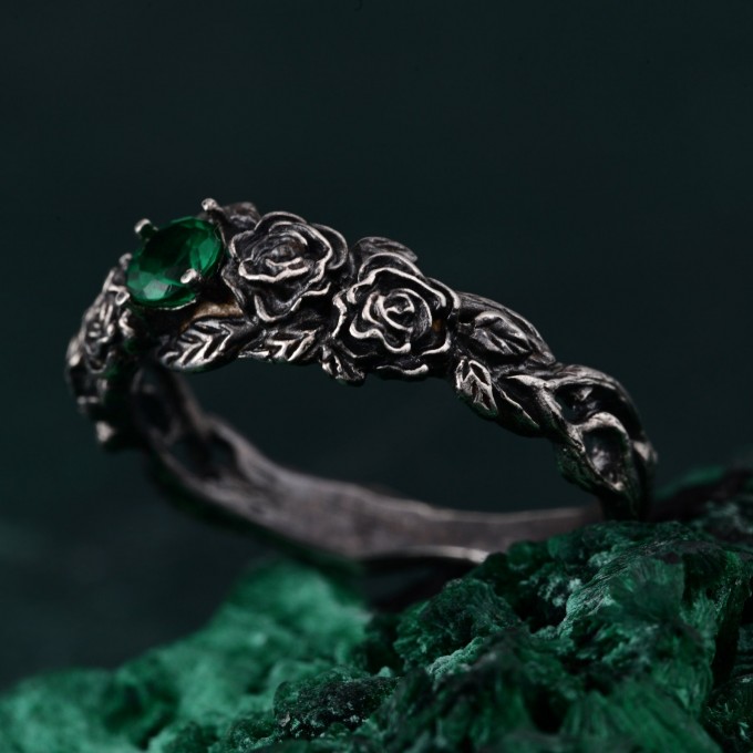 Emerald Blossom Silver Elegance – Dainty Floral Twig Accent Ring, Nature's Elegant Silver Bloom with Flower on Silver Twig