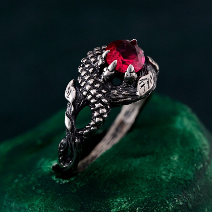 Elegant Ruby Serpent Ring – Mythical Silver Dragon Design, Unique Artisan Jewelry