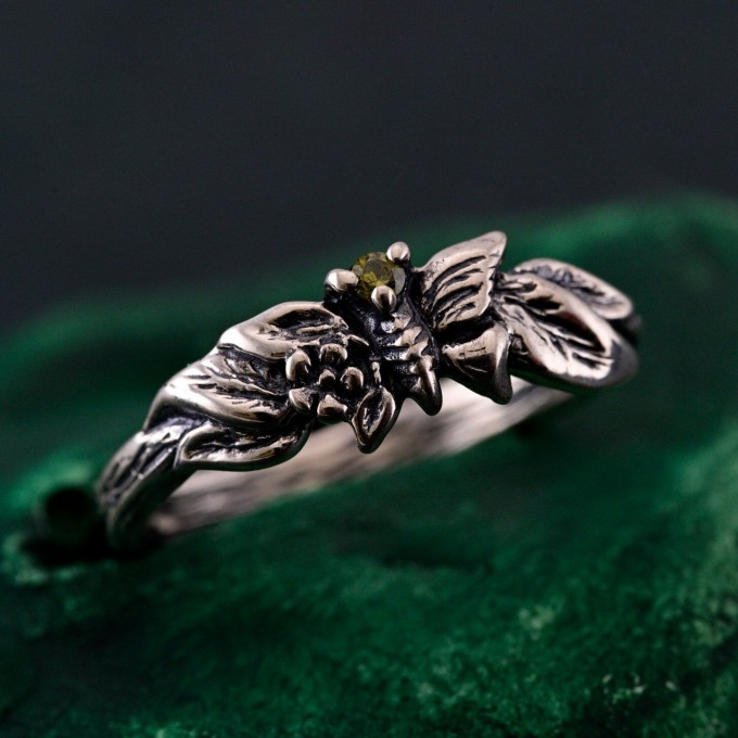 Nature-Inspired Peridot Silver Engagement Ring