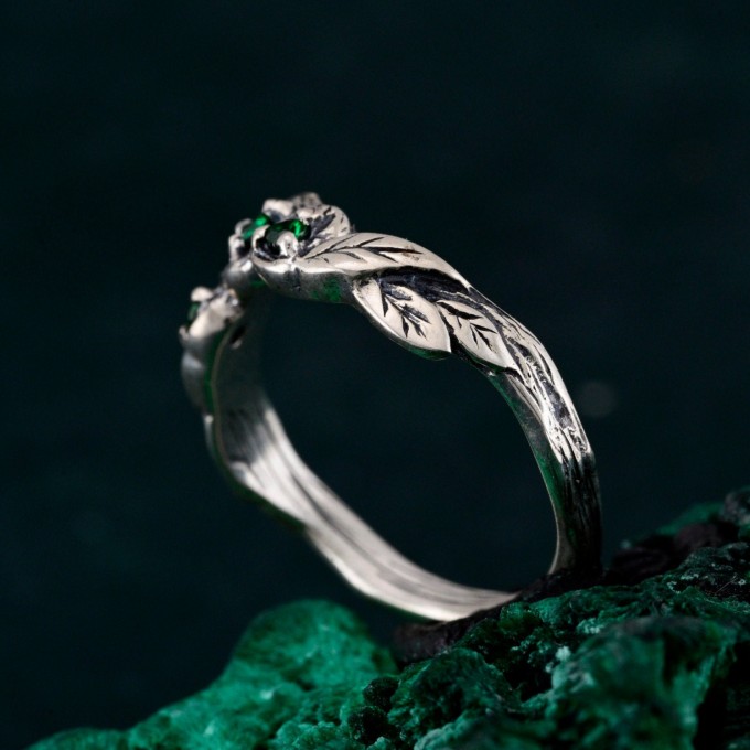 Emerald Engagement Band – Wooden Wedding Branch, Forest Wedding Ring, Branch of Love, Wooden Harmony Wedding Band