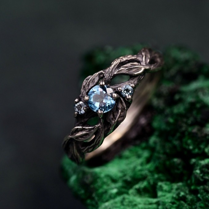 Whispering Leaves: Gothic Blue Topaz Ring