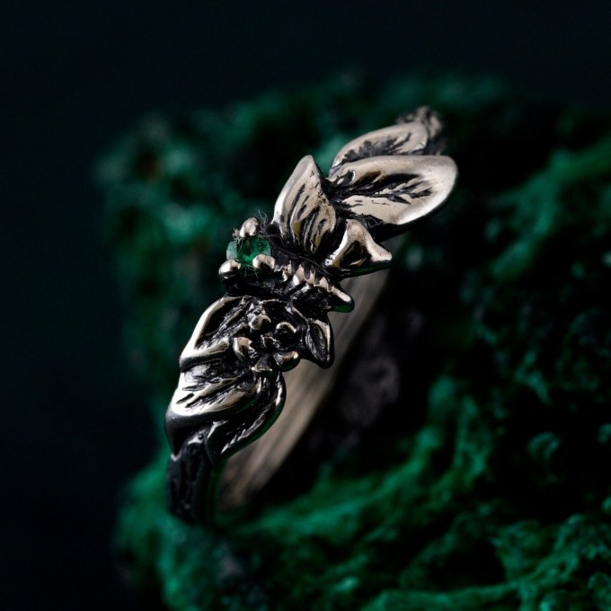 Unique Butterfly Engagement Ring – Nature-Inspired Design with Emerald, Twig Engagement Ring in Sterling Silver