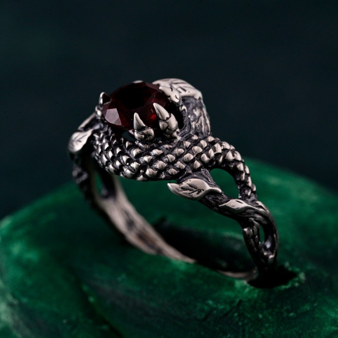 Garnet Serpent Ring with Vintage Dragon Scale Design