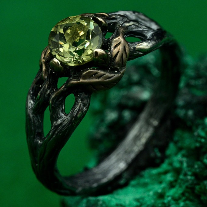 Mystical Forest Ring with Peridot - Leafy Engagement Ring with Branch and Blossom