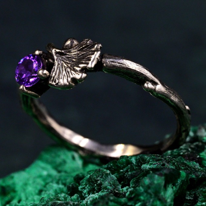 Silver Twig and Ginkgo Biloba Leaf Engagement Ring: Nature-Inspired Elvish Bridal Ring