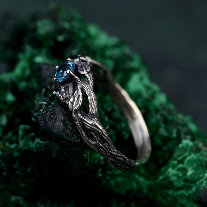 Whispering Leaves: Gothic Blue Topaz Ring