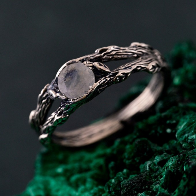 Gothic Silver Ring with Moonstone and Nature Motif