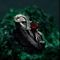Leafy Branch with Garnet Ring – Nature-Inspired Silver Twig Jewelry