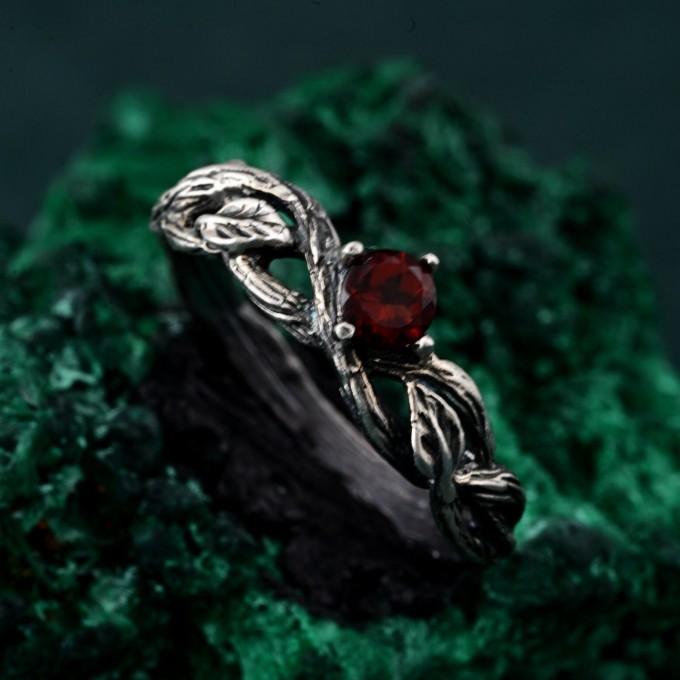 Leafy Branch with Garnet Ring – Nature-Inspired Silver Twig Jewelry