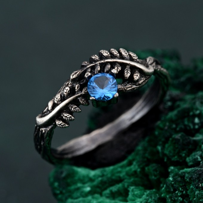 Topaz Fern Branchlet Ring – Whispering Fern Ring, Twig and Fern Ring, Woodland Fern Band, Graceful Frond Ring