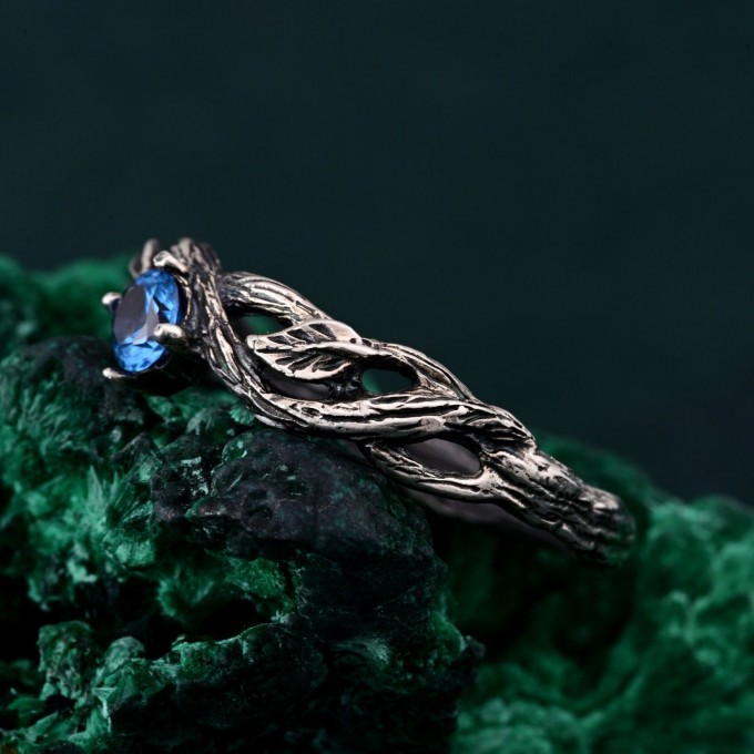 Stunning Leafy Branch with Topaz Ring – Unique Nature's Gemstone Adornment, Christmas Gift Idea