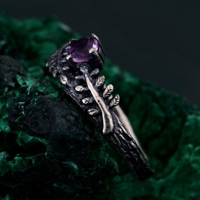 Amethyst Fern Branchlet Ring - Graceful Twig and Fern Woodland Band