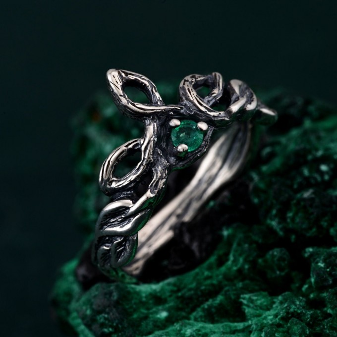 Delicate Leaf Braid with Wood Bark Branch Weave – One-of-a-Kind Silver Fairy Engagement Ring