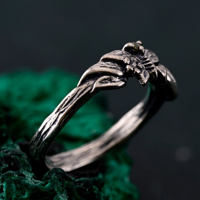 Enchanted Forest Peridot Twig Ring with Unique Butterfly Design